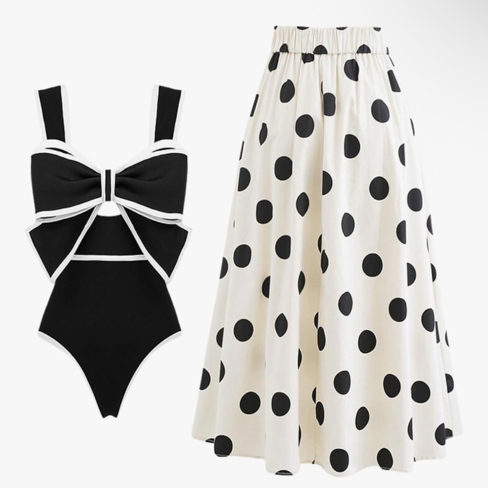 Black and White Polka Dot Skirt and Swimsuit Set